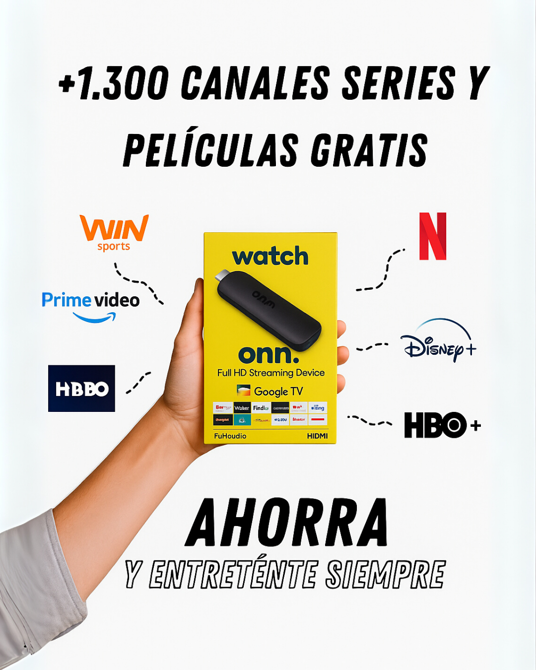Watch Onn 2k FHD Streaming Stick con acceso a +1.300 canales.