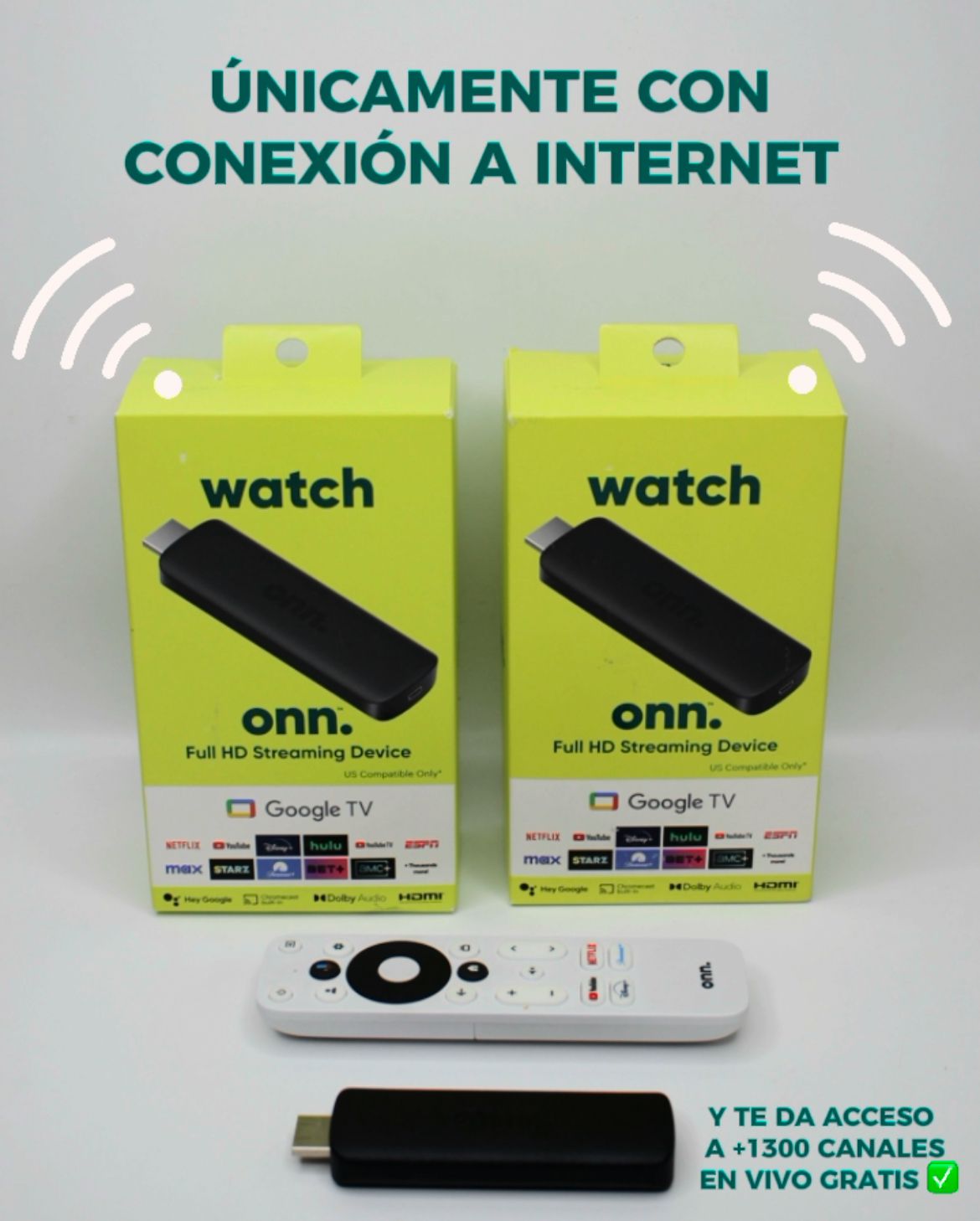 Watch Onn 2k FHD Streaming Stick con acceso a +1.300 canales.